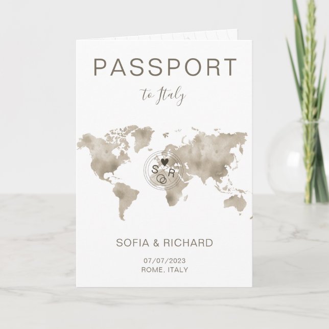 Wedding Destination Passport World Map Travel Inv Einladung (Vorderseite)