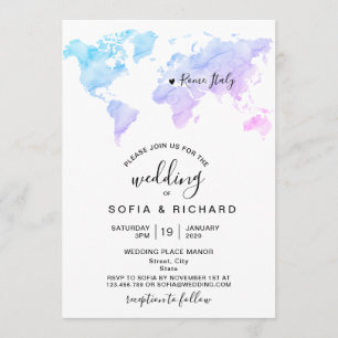 Wedding Destination Watercolor - Weltkarte Herzlic Einladung