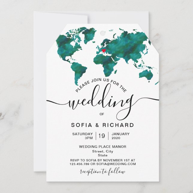Wedding Destination World Map Einladung zum Herz (Vorderseite)