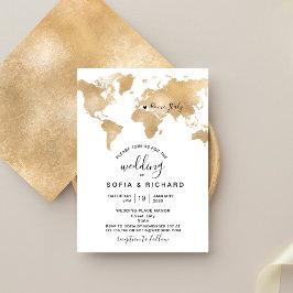 Wedding Destination World Map Gold Removable Heart Einladung