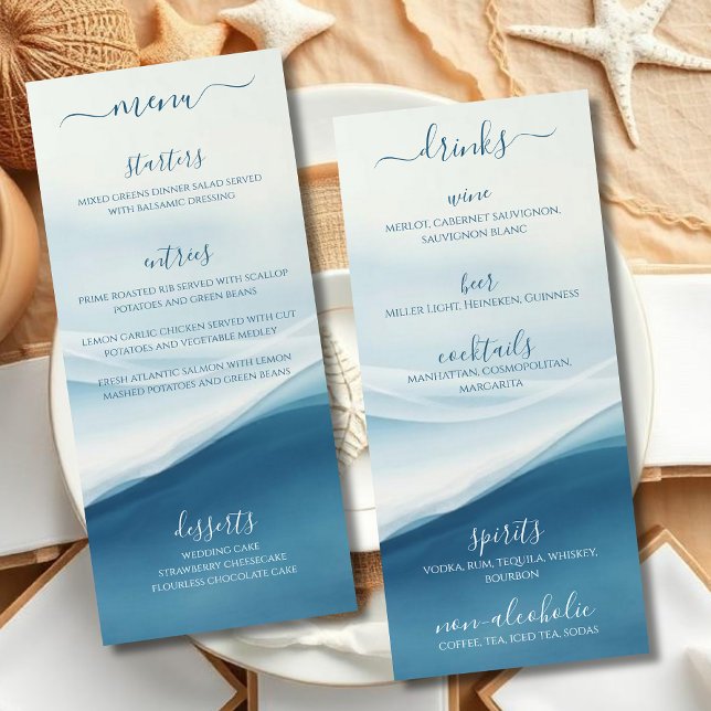 Wedding Dinner and Bar Menu Serene Blue Beach   Menükarte (Wedding Dinner and Bar Menu Serene Blue Abstract Modern Beach Wedding)