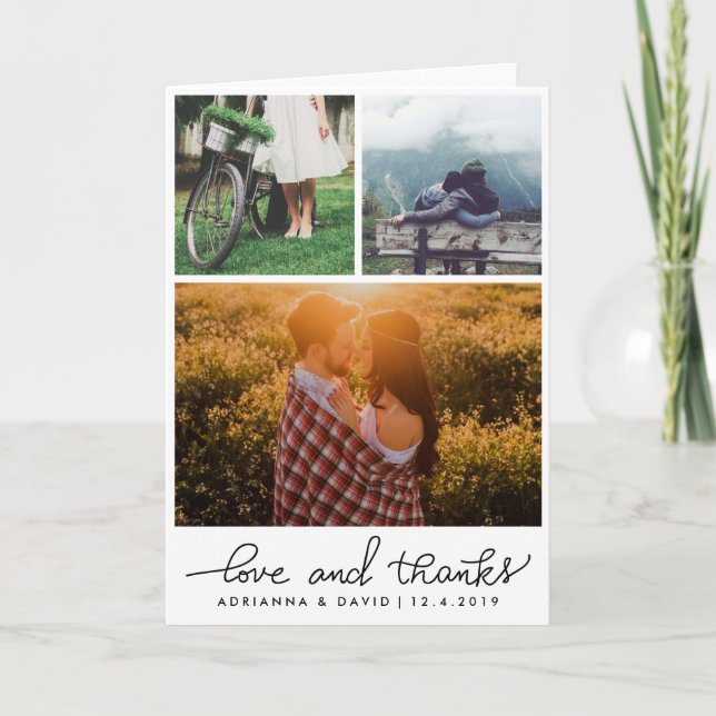 Wedding drei Foto-Liebe und Dank-Skript Dankeskarte (Vorderseite)