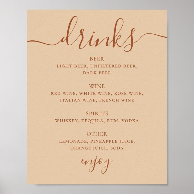 Wedding Drinks Script Menu Sign | Peach Sand Bar Poster (Vorne)