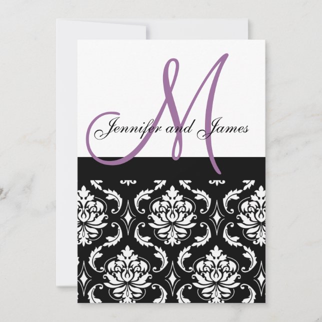 Wedding Einladungen Purple Monogram Names Damask (Vorderseite)