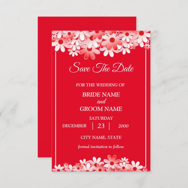Wedding Elegant Red White Floral Save The Date (Vorne/Hinten)