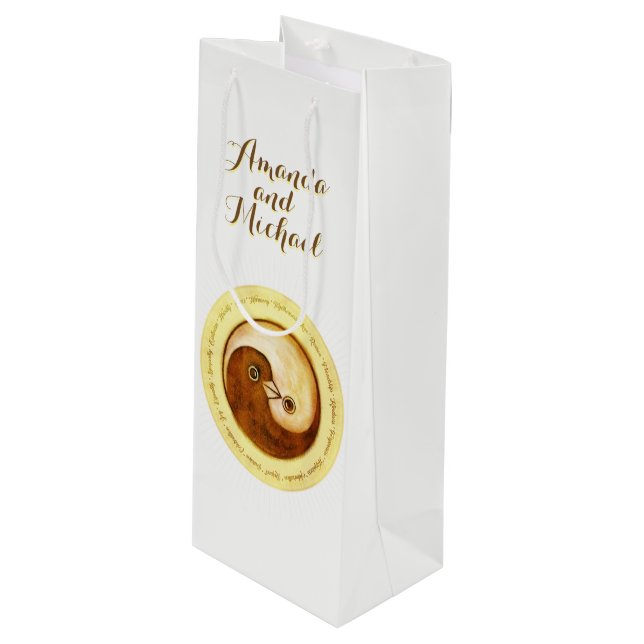 WEDDING FLASCHE GIFT BAG. Gold YinYang Harmony Tau Geschenktüte Für Weinflaschen (Vorderseite Schrägansicht)