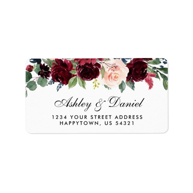 Wedding Floral Burgundy Blue Address Adressaufkleber (Vorne)
