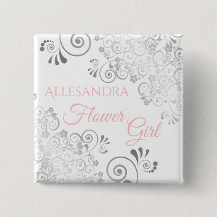 Wedding Flower Girl Name Tag Pink & Gray Frills Button