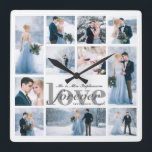 Wedding FOREVER LOVE Foto Collage Custom Color Quadratische Wanduhr<br><div class="desc">Erstellen Sie mit 11 Ihrer Lieblingsfotos oder Fotos eine Gedenkuhr für die Neuvermählten. Das Design ist mit dem Titel FOREVER LOVE personalisiert und mit dem neuen Namen Mr. und Mrs. und dem Hochzeitstermin in einer bearbeitbaren silbergrauen Farbe vor einem vorgeschlagenen weißen Hintergrund. Die Textstile und -farben des Schriftartes können so...</div>