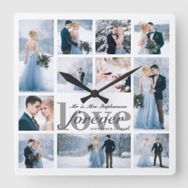 Wedding FOREVER LOVE Foto Collage Custom Color Quadratische Wanduhr