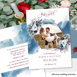 Wedding Foto Blue Lila Burgundy Watercolor Einladung