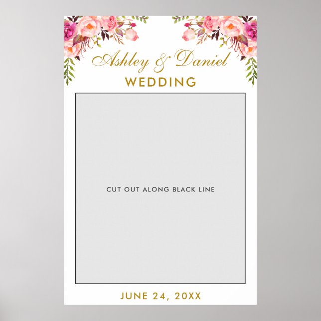 Wedding Foto Booth Prop | Rosa florales Gold Poster (Vorne)