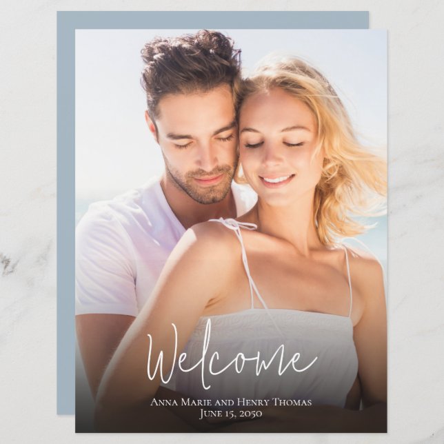 Wedding Foto Einfaches Modernes Dusty Blue Calligr (Vorne/Hinten)