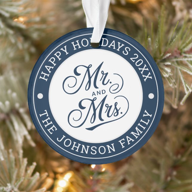 Wedding Foto Mr & Mrs. Elegant Script Newlyweds Ornament (Baum)