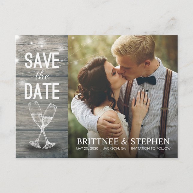 Wedding Foto Save the Date Champagne Glasses Wood Postkarte (Vorderseite)
