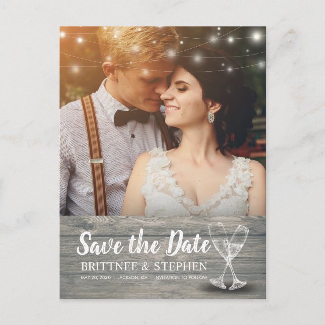 Wedding Foto Save the Date Champagne Glasses Wood Postkarte (Vorderseite)