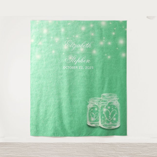Wedding Foto Stand Hintergrund Mason Jars Green Go Wandteppich (Vorderseite)