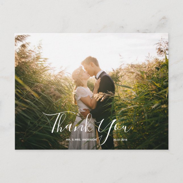 Wedding Foto Vielen Dank | Elegante Script Postcar Postkarte (Vorderseite)