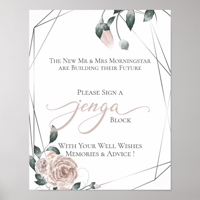 Wedding GastBook Jenga Dusty Rose Floral Sign 2 Poster (Vorne)
