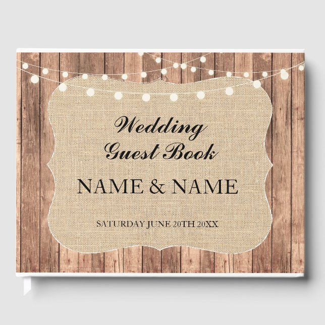 Wedding GastBook Wood Burlap Rustic Lights Rustic Gästebuch (Vorderseite)