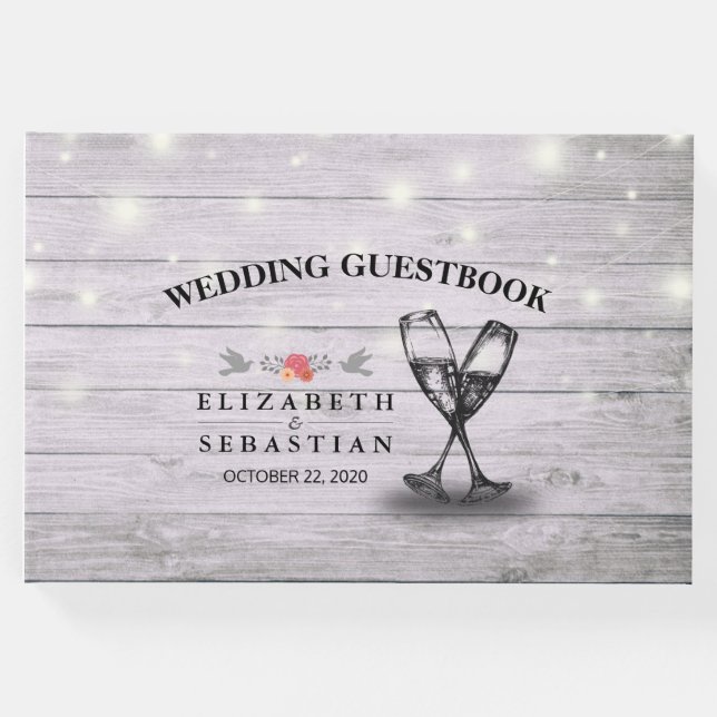 Wedding Gästebuch Champagne Brillen Wood Lights (Vorderseite)