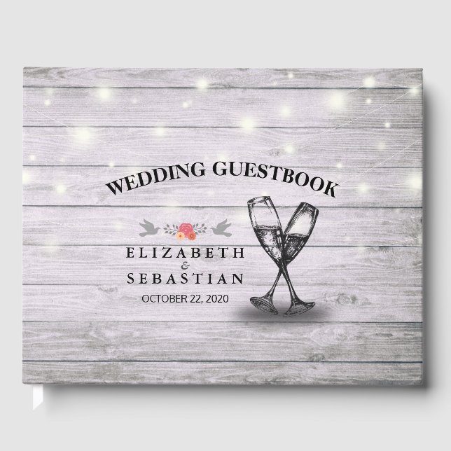 Wedding Gästebuch Champagne Brillen Wood Lights (Vorderseite)