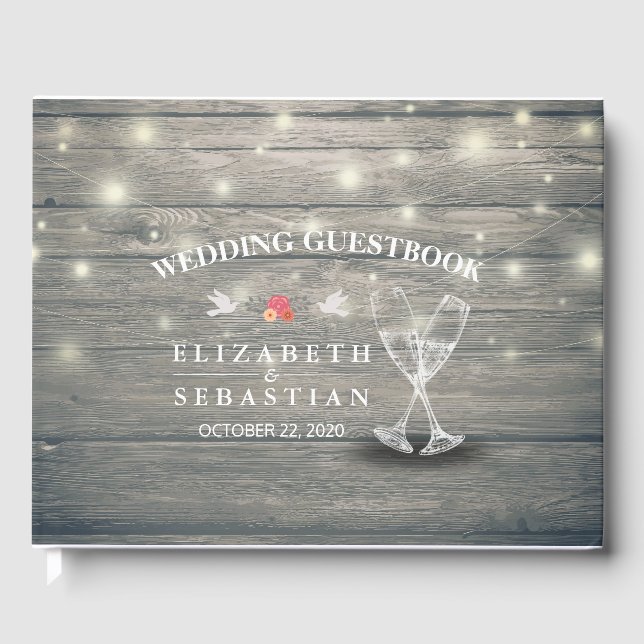 Wedding Gästebuch Champagne Brillen Wood Lights (Vorderseite)