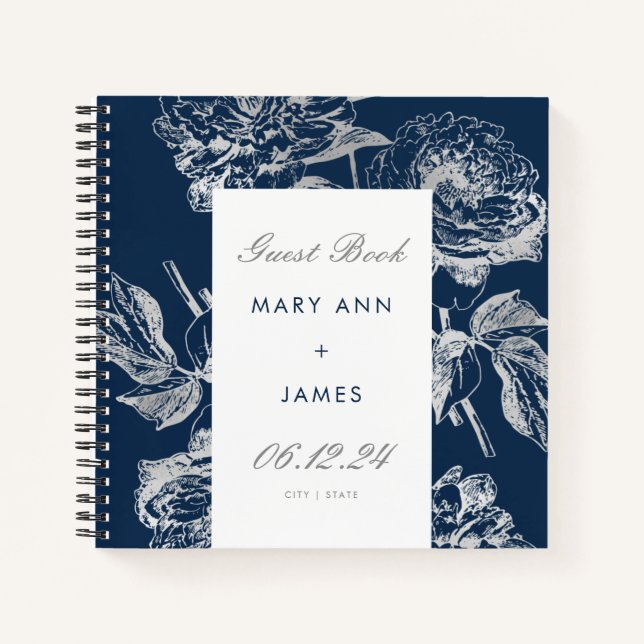 Wedding Gästebuch Simple Floral Silver Navy Blue Notizbuch (Vorderseite)