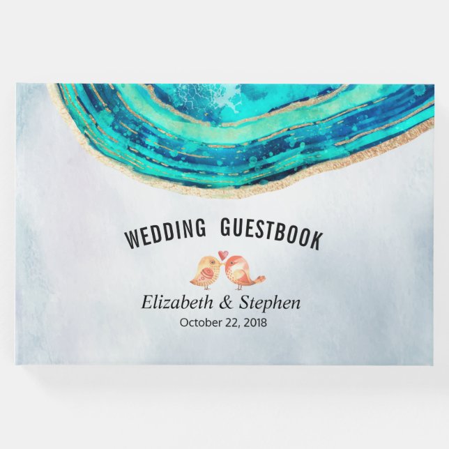 Wedding Gästebuch Watercolor Aquamarin Gold Agate  (Vorderseite)