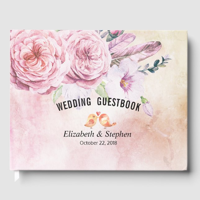 Wedding Gästebuch Watercolor Boho Floral Feathers (Vorderseite)