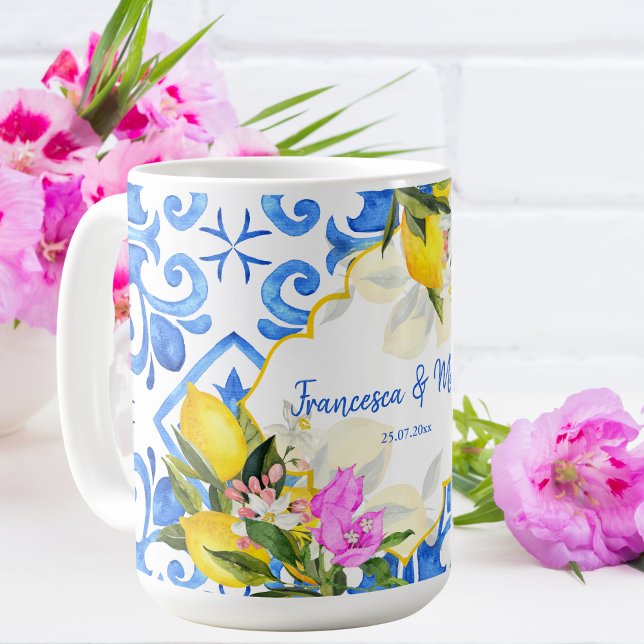 Wedding Geschenk Blue Fliesen Zitrone Bougainville Kaffeetasse (Von Creator hochgeladen)