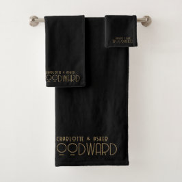 Wedding Gold Monogram Newlyweds Black Badhandtuch Set