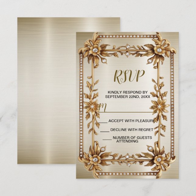 Wedding Gold Verziert Rectangle Dimond Blume Shiny RSVP Karte (Vorne/Hinten)