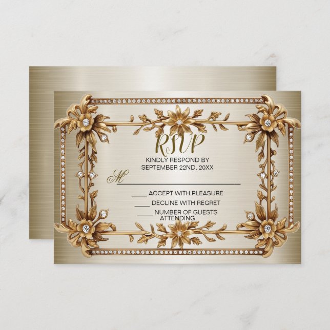 Wedding Gold Verziert Rectangle Dimond Blume Shiny RSVP Karte (Vorne/Hinten)