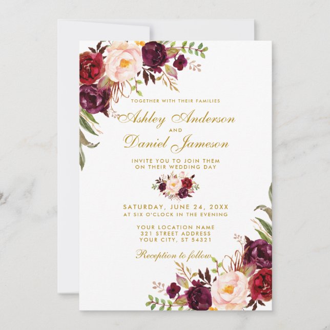 Wedding Gold Watercolor Burgundy Floral W Einladung (Vorderseite)