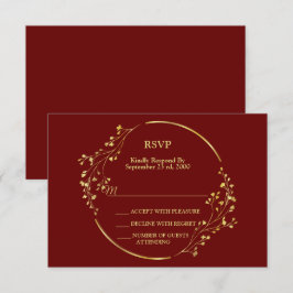 Wedding Golden Floral Geometric Wreath Red RSVP Karte