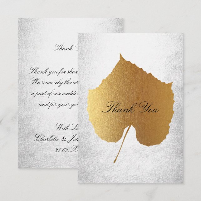 Wedding Golden Leaf Silver Vielen Dank Einladung (Vorne/Hinten)