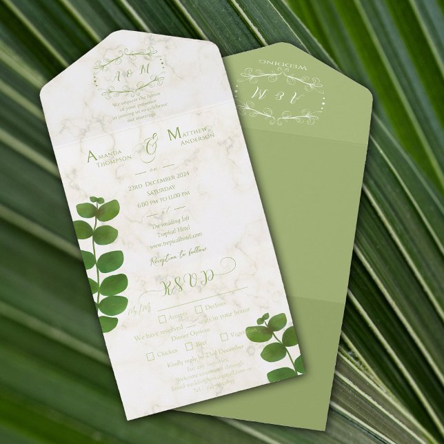 Wedding Green All In One Einladung (Chic simple all-in-one invitation card.)