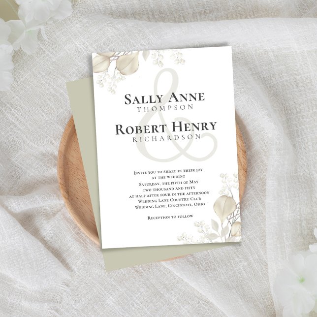 Wedding Greenery Calligraphy Script Ampersand Einladung (Simple and elegant sage green and cream foliage wedding invitation.)