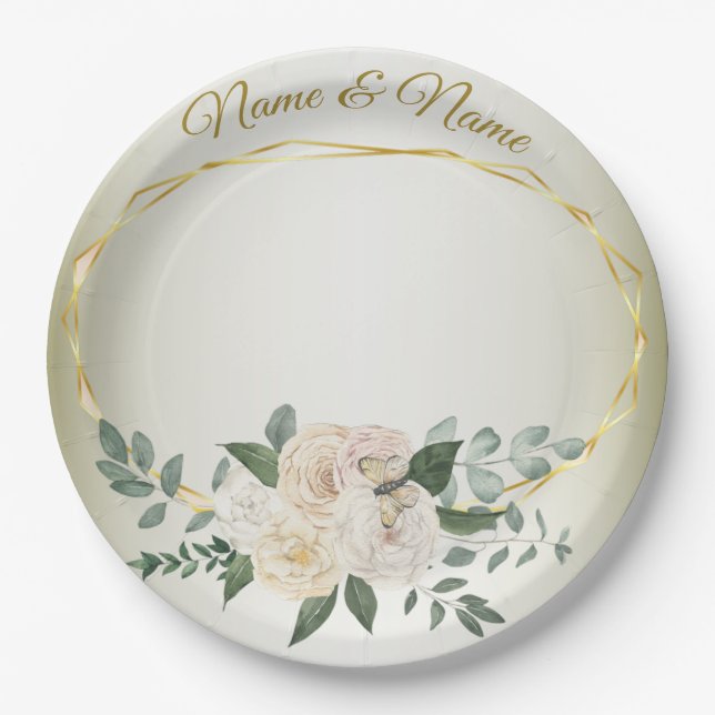 Wedding Greenery Leaves Pink Floral Gold Geometric Pappteller (Vorderseite)