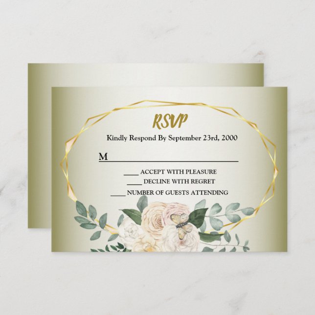 Wedding Greenery Leaves Pink Floral Gold Geometric RSVP Karte (Vorne/Hinten)