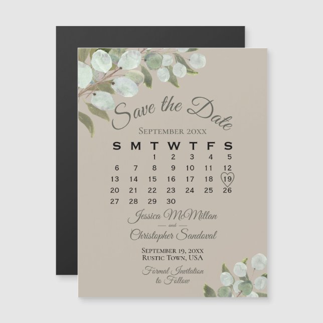 Wedding Greenery Save the Date Kalender Tan Taupe Magneteinladung (Vorne/Hinten)