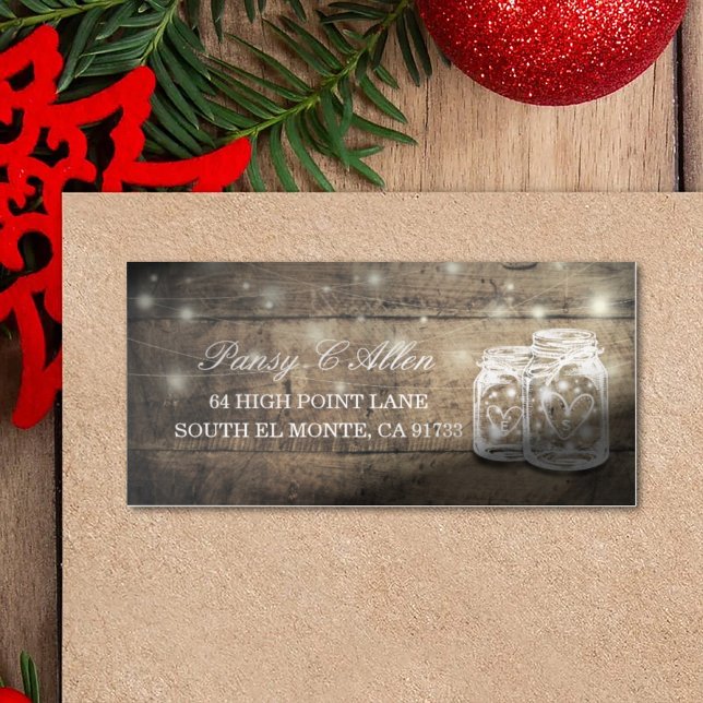 Wedding Guest Address Mason Jars Wood String Light Aufkleber (Von Creator hochgeladen)