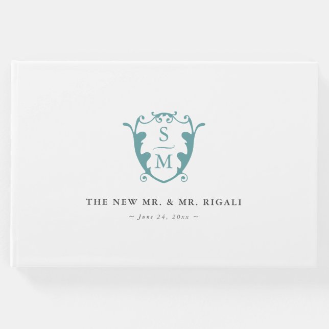 Wedding Guest Book Custom Monogram Crest Turquoise Gästebuch (Vorderseite)