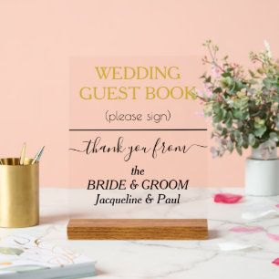 Wedding Guest Book Gold White NAMES Acrylschild