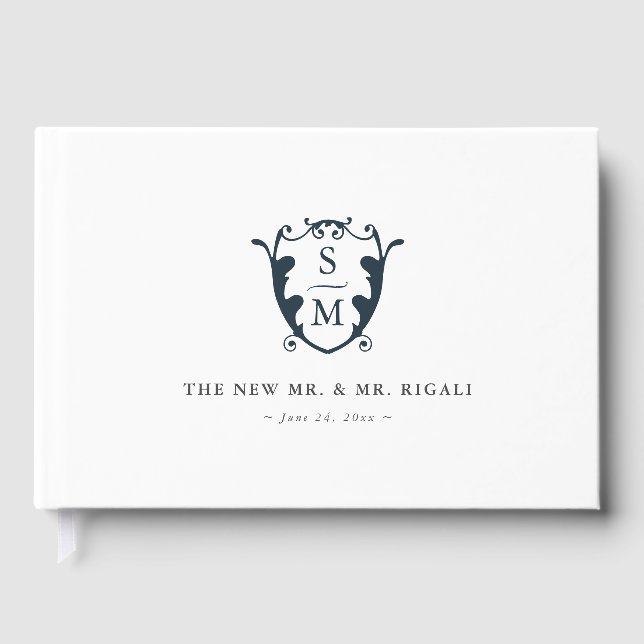 Wedding Guest Book Monogram Crest Navy Blue Gästebuch (Vorderseite)