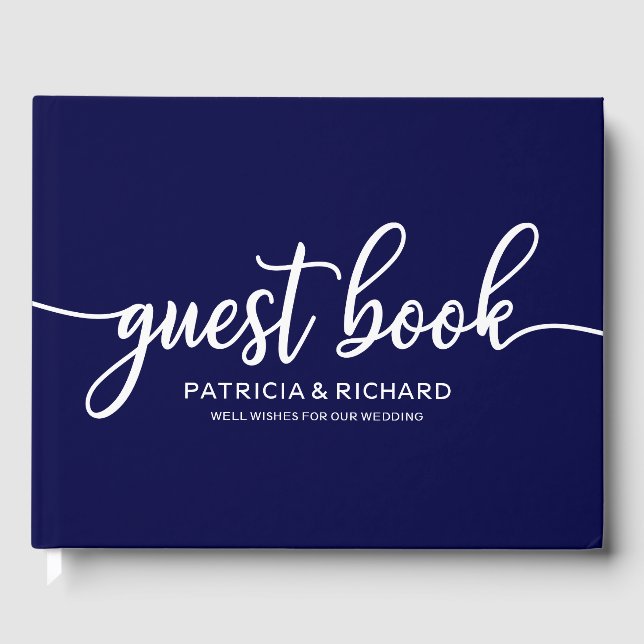 Wedding Guest Book Navy Blue Chic Calligraphy Gästebuch (Vorderseite)