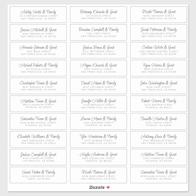 Wedding Guest Names Address Chic Modern Simple Aufkleber (Blatt)