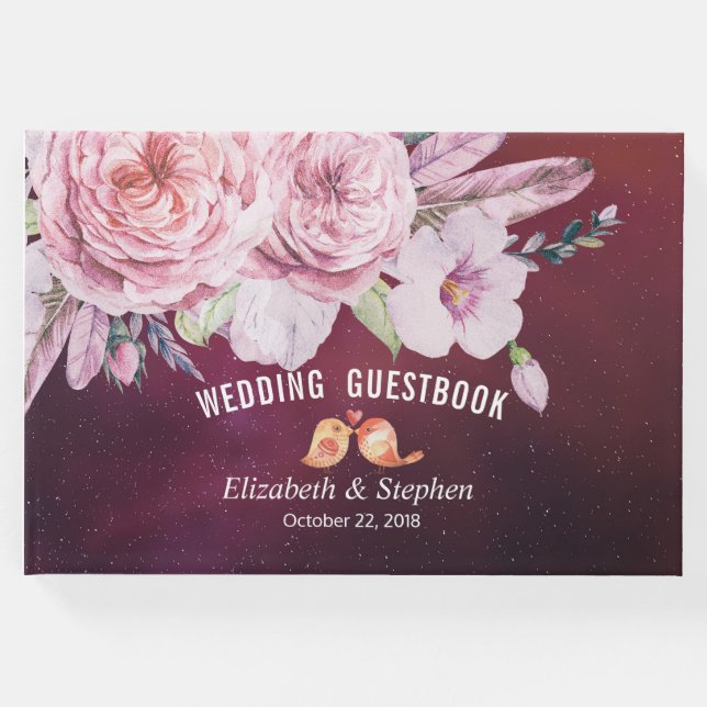 Wedding Guestbook Boho Floral Feather Burgundy Red Gästebuch (Vorderseite)