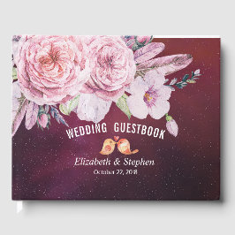 Wedding Guestbook Boho Floral Feather Burgundy Red Gästebuch